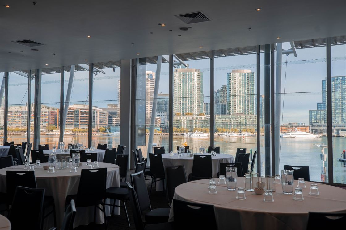 The Promenade Docklands room with expansive windows.